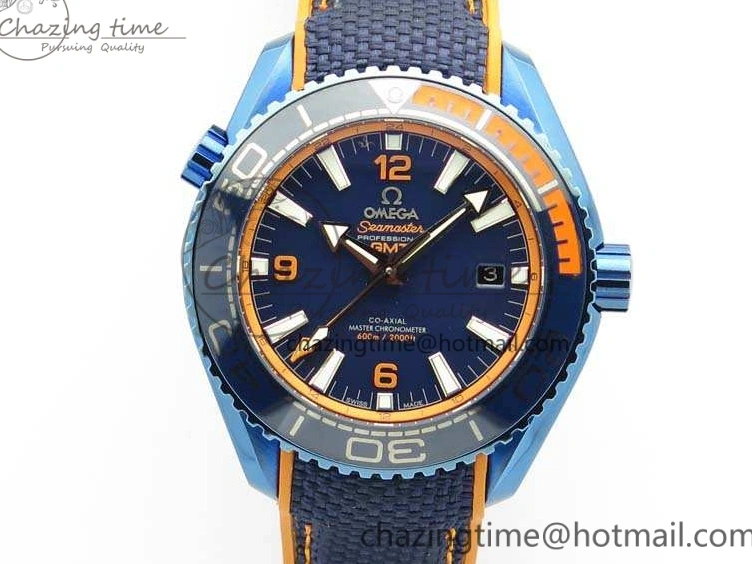 1219 Unique Planet Ocean 45mm GMT Blue DLC Black OMF Best Edition Blue Dial On Blue Gummy Strap A 8123